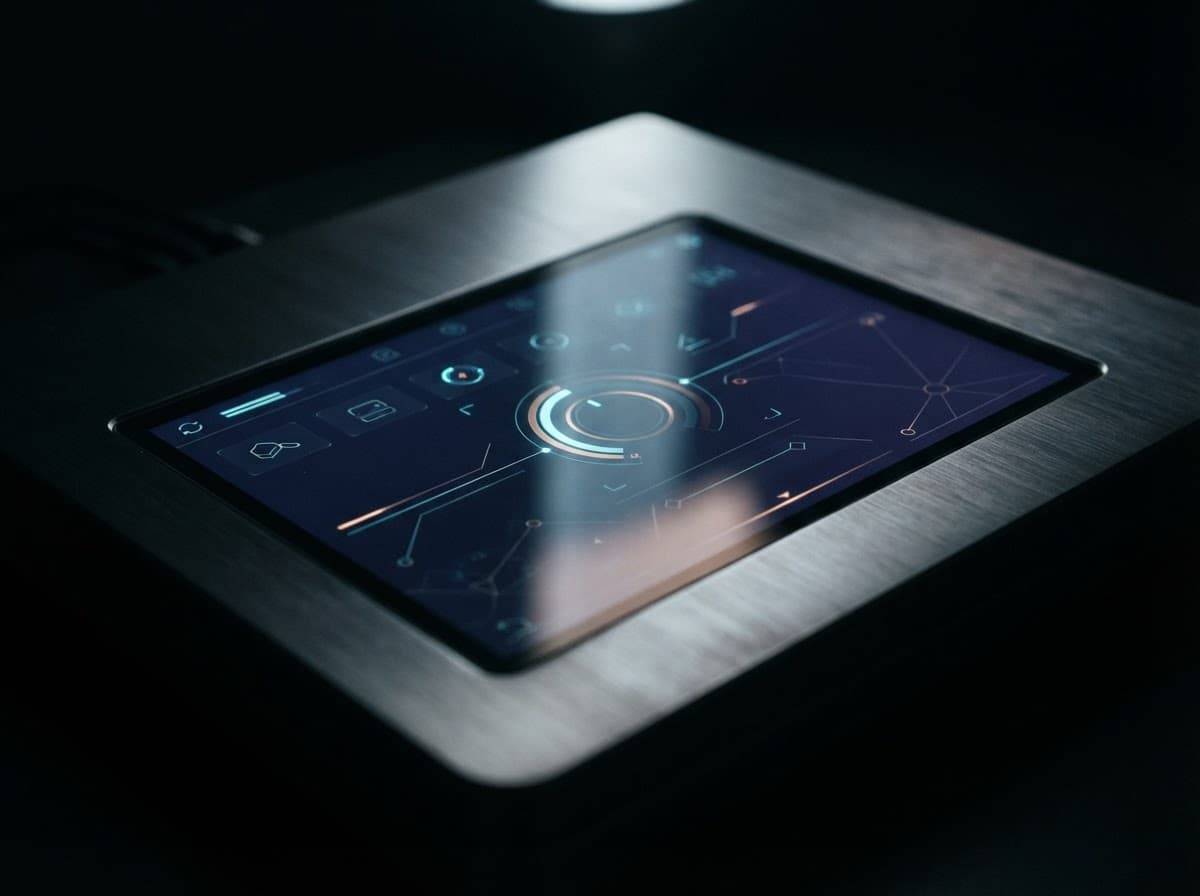 Sleek glass interface glowing in a dark room