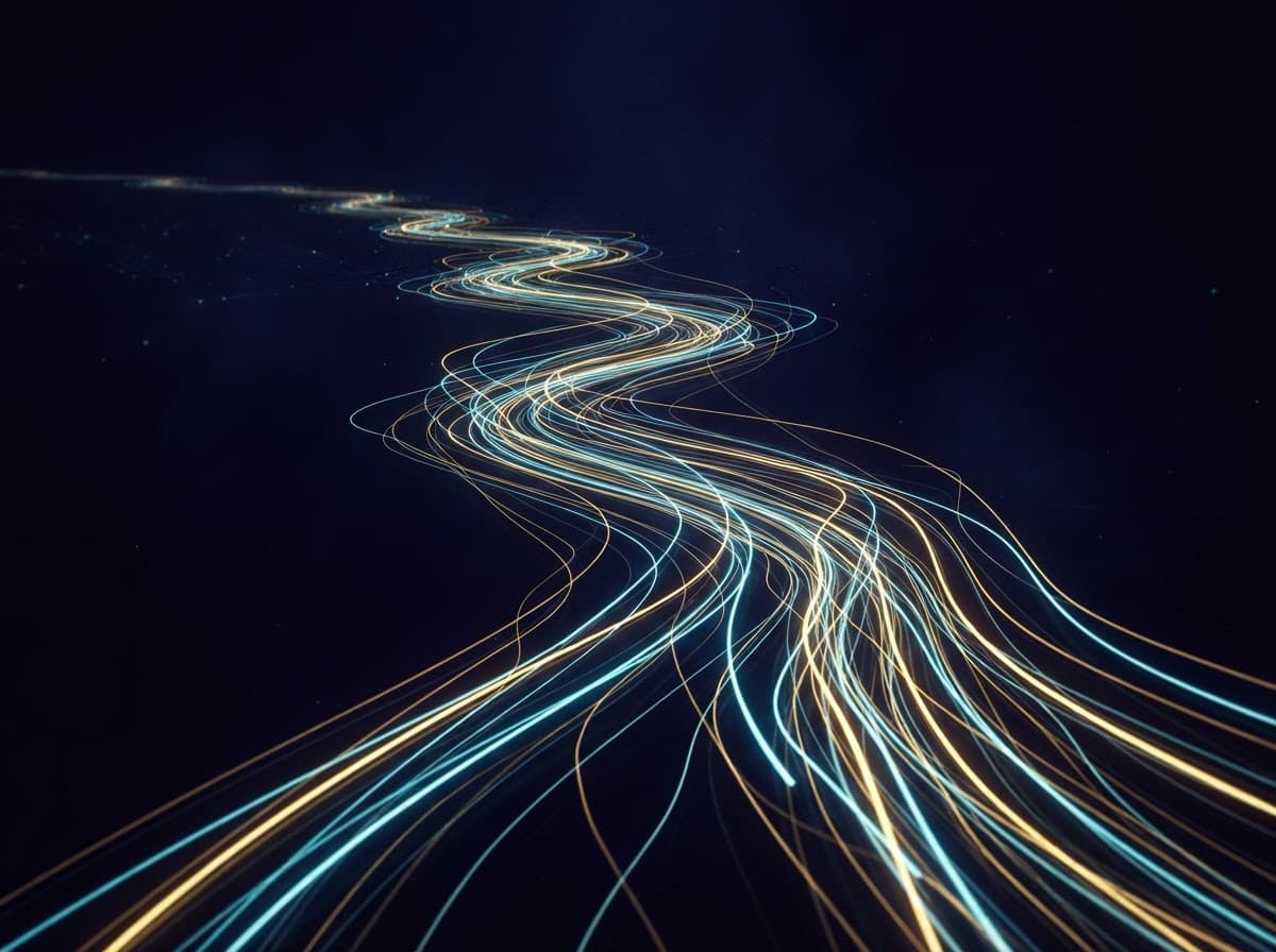Gold and cyan light trails representing data flow