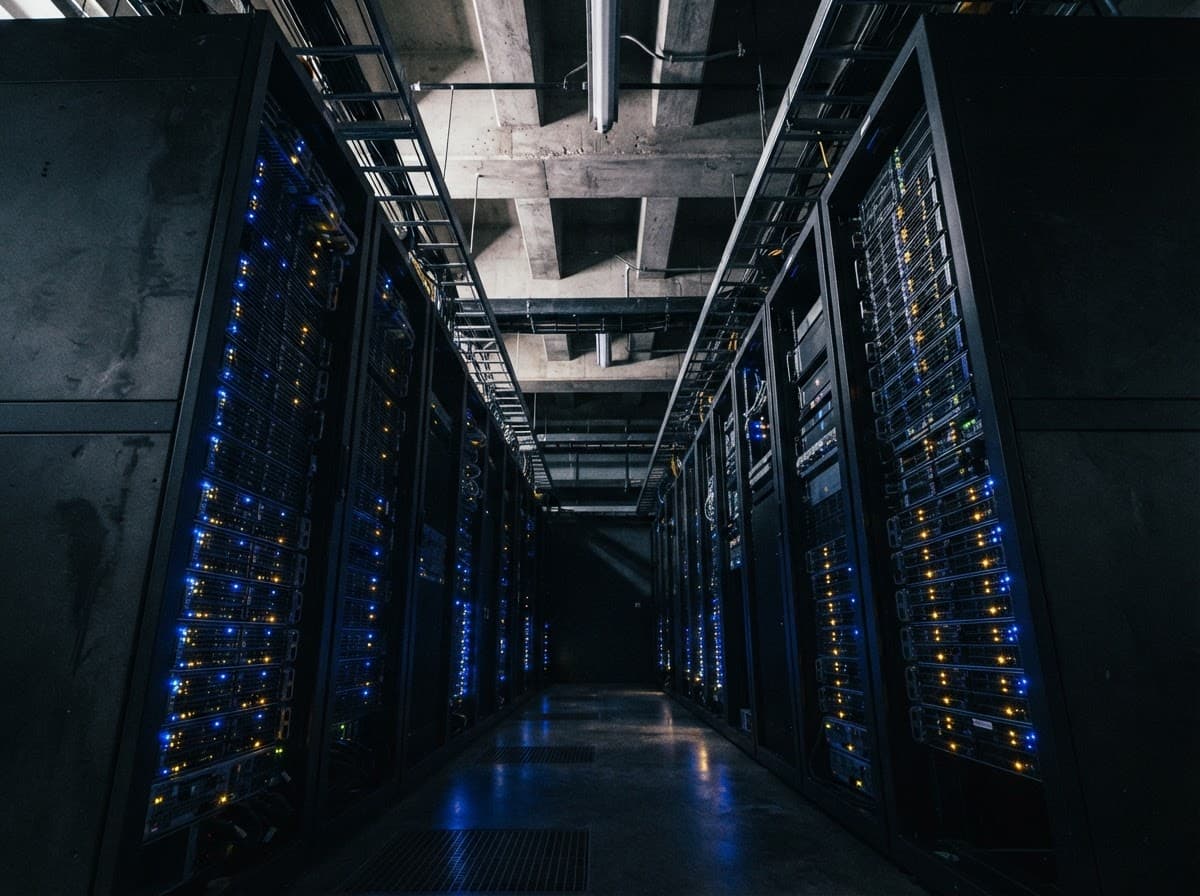 Server rack corridor with blue and gold LED indicators
